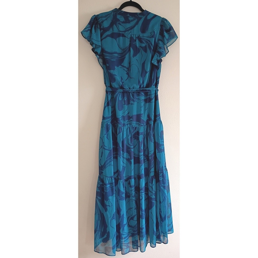 Taylor Teal Navy Blue Marble Print Tiered Maxi Dress Flutter Sleeve Sz 6 Cottage - Picture 2 of 7